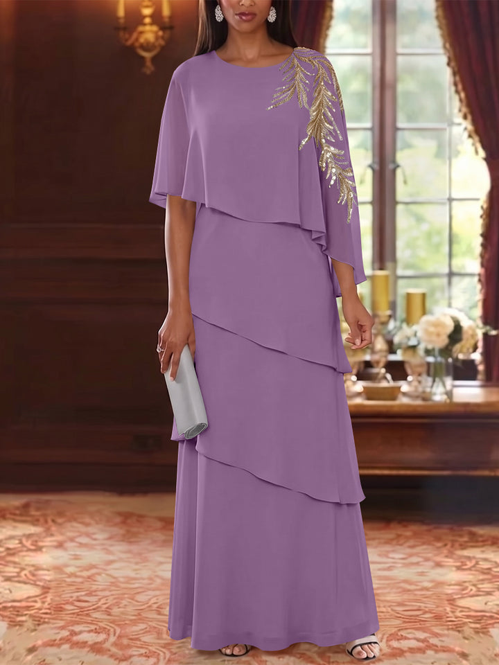 A-Line/Princess Scoop Chiffon Mother of the Bride Dresses Lace Sequins Cape Sleeves Ruffles Floor-Length