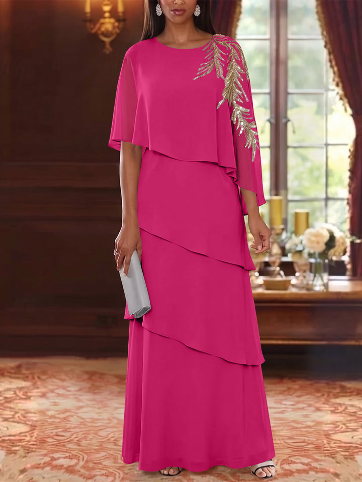 A-Line/Princess Scoop Chiffon Mother of the Bride Dresses Lace Sequins Cape Sleeves Ruffles Floor-Length