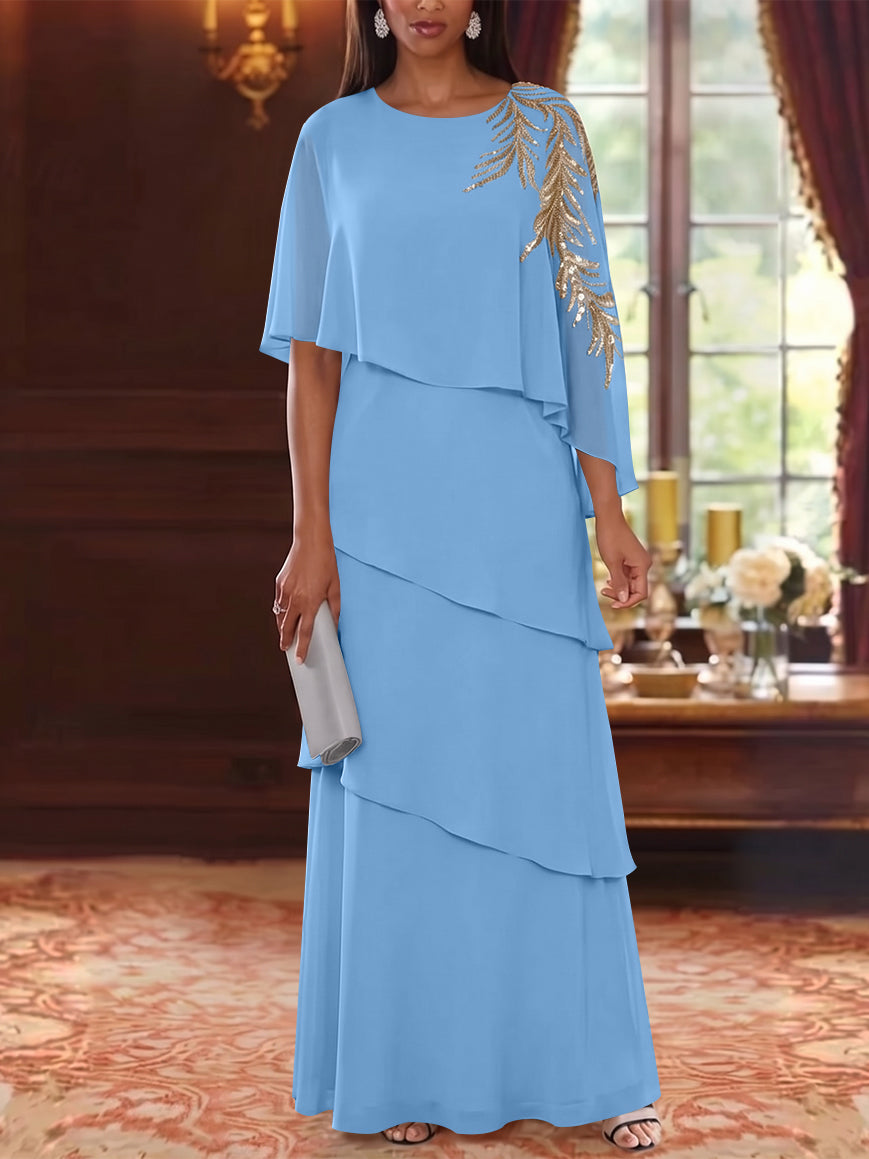 A-Line/Princess Scoop Chiffon Mother of the Bride Dresses Lace Sequins Cape Sleeves Ruffles Floor-Length