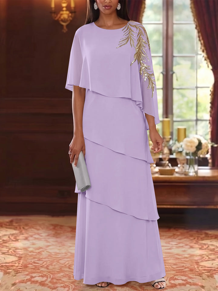 A-Line/Princess Scoop Chiffon Mother of the Bride Dresses Lace Sequins Cape Sleeves Ruffles Floor-Length