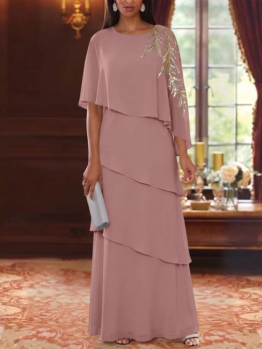 A-Line/Princess Scoop Chiffon Mother of the Bride Dresses Lace Sequins Cape Sleeves Ruffles Floor-Length