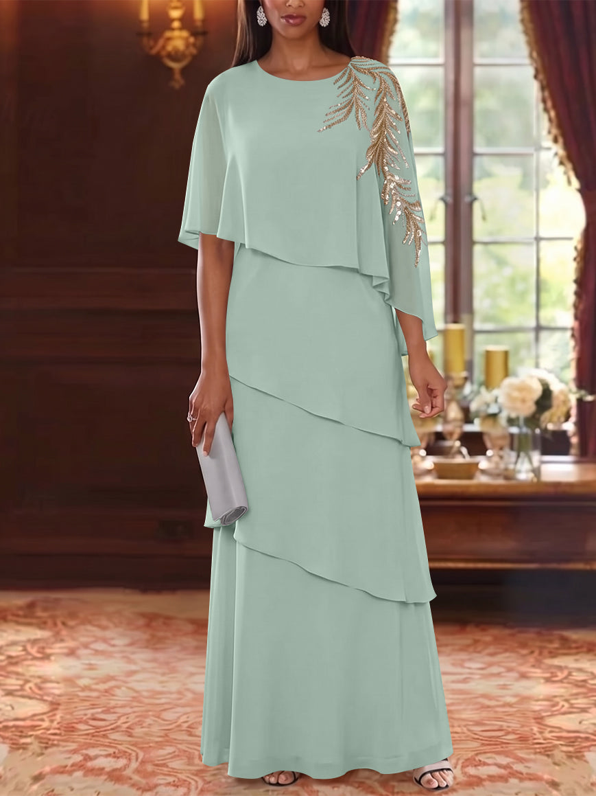 A-Line/Princess Scoop Chiffon Mother of the Bride Dresses Lace Sequins Cape Sleeves Ruffles Floor-Length