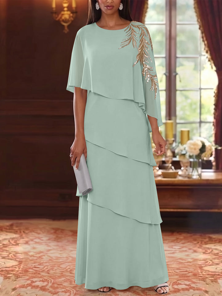 A-Line/Princess Scoop Chiffon Mother of the Bride Dresses Lace Sequins Cape Sleeves Ruffles Floor-Length