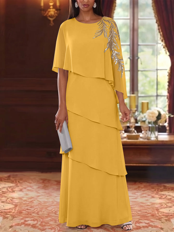 A-Line/Princess Scoop Chiffon Mother of the Bride Dresses Lace Sequins Cape Sleeves Ruffles Floor-Length