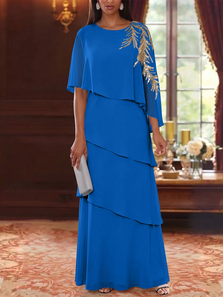 A-Line/Princess Scoop Chiffon Mother of the Bride Dresses Lace Sequins Cape Sleeves Ruffles Floor-Length