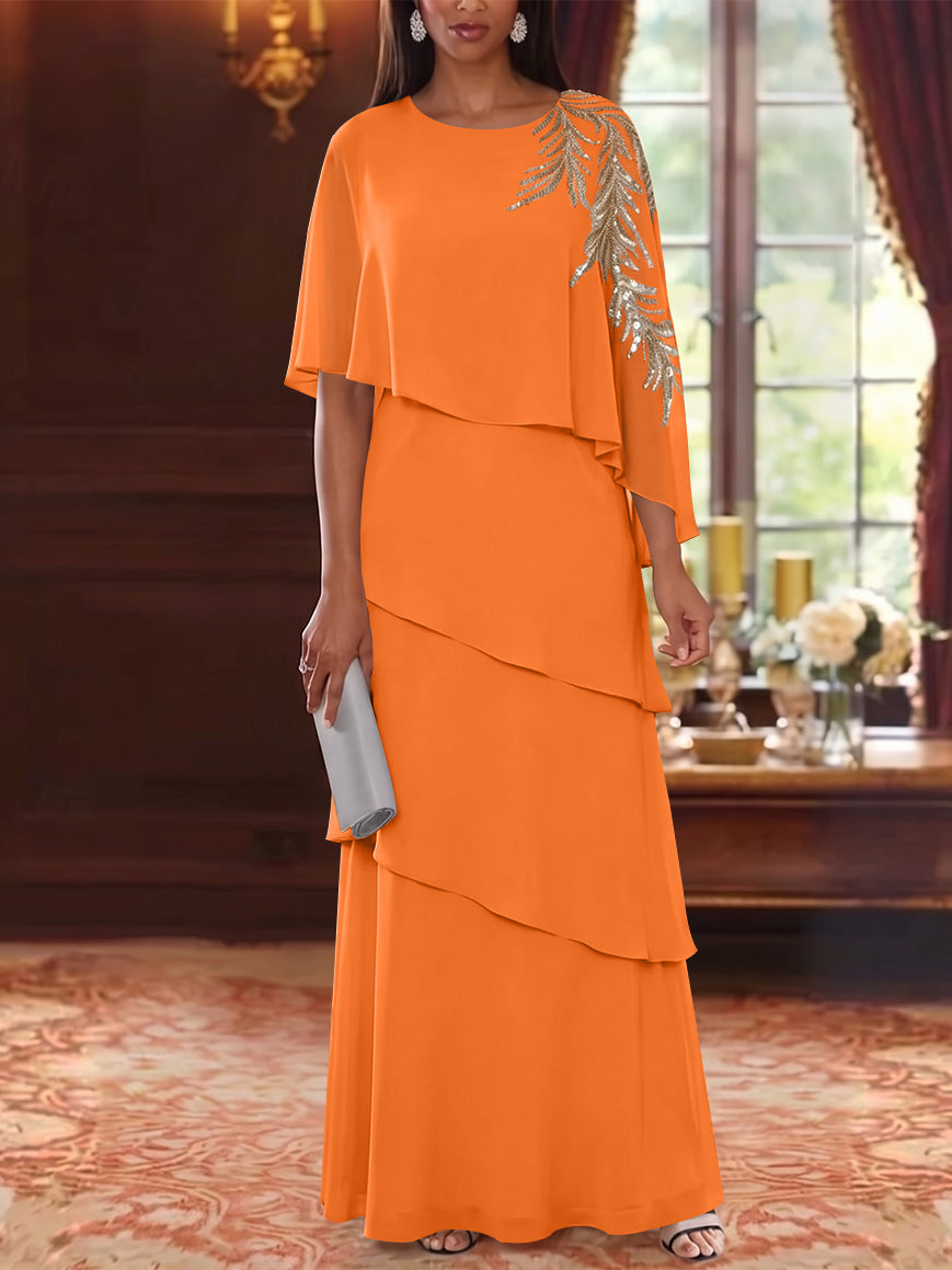 A-Line/Princess Scoop Chiffon Mother of the Bride Dresses Lace Sequins Cape Sleeves Ruffles Floor-Length
