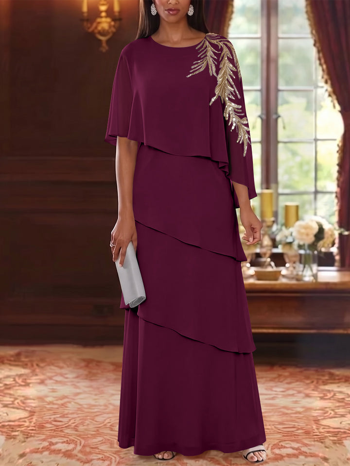 A-Line/Princess Scoop Chiffon Mother of the Bride Dresses Lace Sequins Cape Sleeves Ruffles Floor-Length