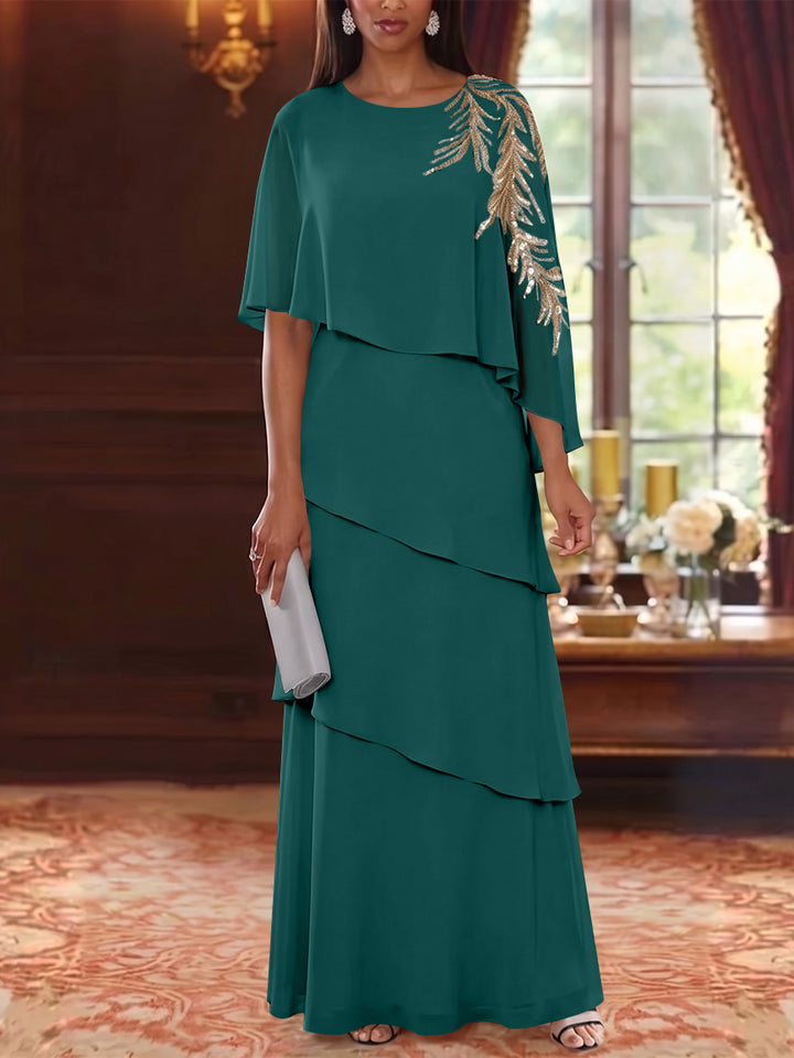 A-Line/Princess Scoop Chiffon Mother of the Bride Dresses Lace Sequins Cape Sleeves Ruffles Floor-Length