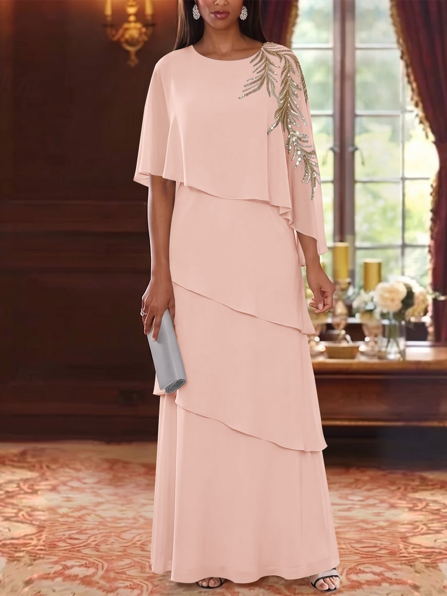 A-Line/Princess Scoop Chiffon Mother of the Bride Dresses Lace Sequins Cape Sleeves Ruffles Floor-Length