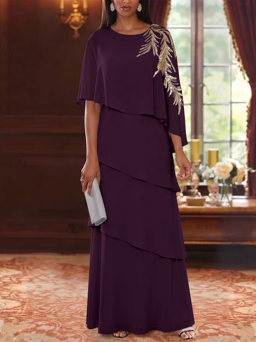 A-Line/Princess Scoop Chiffon Mother of the Bride Dresses Lace Sequins Cape Sleeves Ruffles Floor-Length