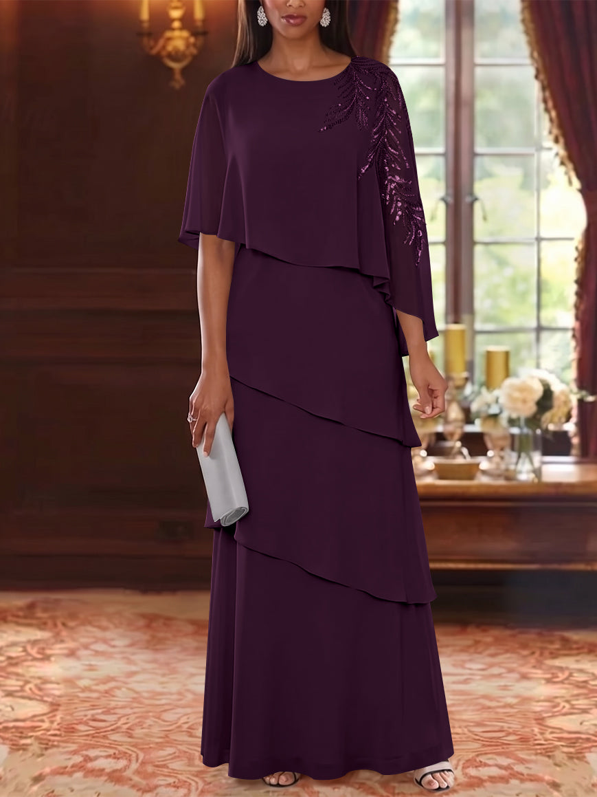A-Line/Princess Scoop Chiffon Mother of the Bride Dresses Lace Sequins Cape Sleeves Ruffles Floor-Length