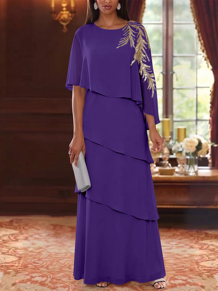 A-Line/Princess Scoop Chiffon Mother of the Bride Dresses Lace Sequins Cape Sleeves Ruffles Floor-Length