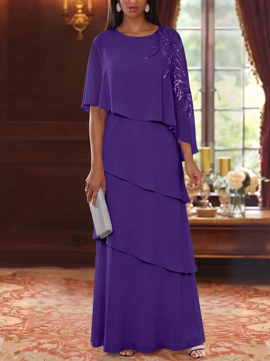A-Line/Princess Scoop Chiffon Mother of the Bride Dresses Lace Sequins Cape Sleeves Ruffles Floor-Length