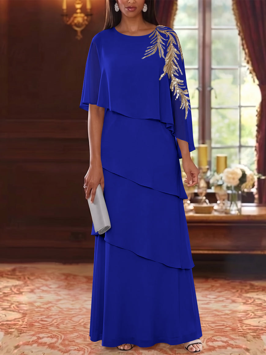 A-Line/Princess Scoop Chiffon Mother of the Bride Dresses Lace Sequins Cape Sleeves Ruffles Floor-Length