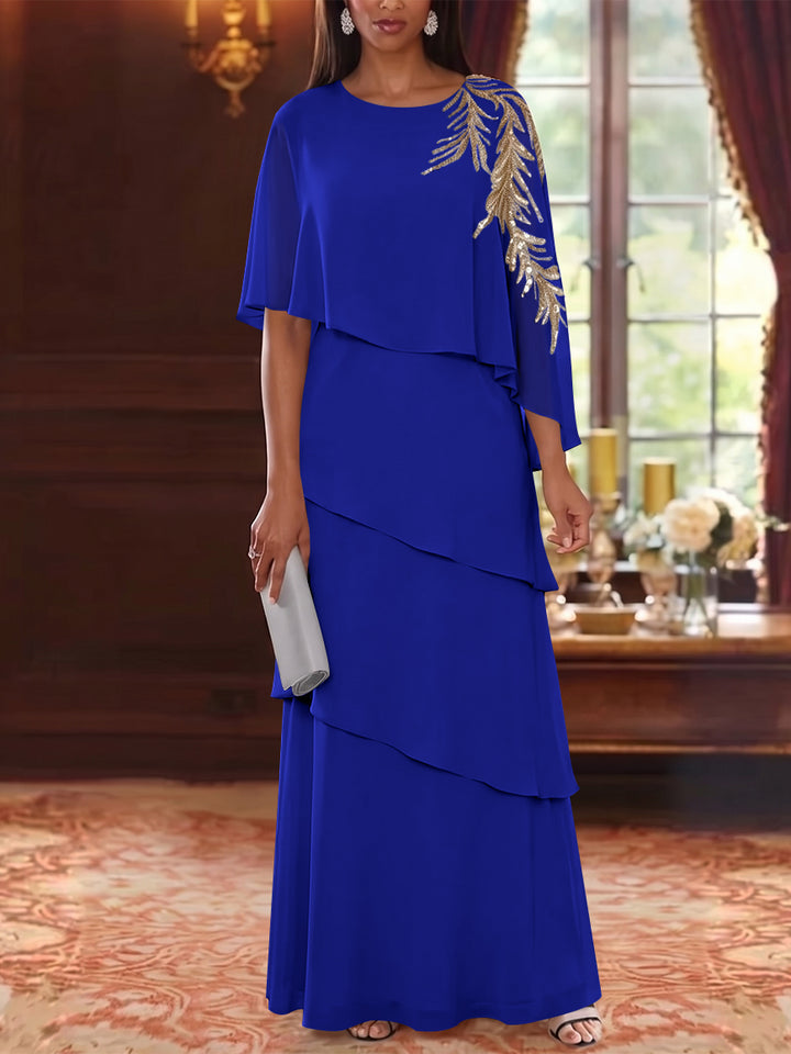 A-Line/Princess Scoop Chiffon Mother of the Bride Dresses Lace Sequins Cape Sleeves Ruffles Floor-Length