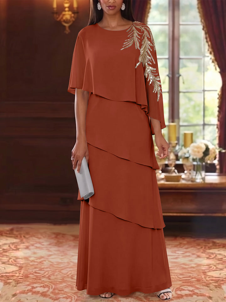 A-Line/Princess Scoop Chiffon Mother of the Bride Dresses Lace Sequins Cape Sleeves Ruffles Floor-Length