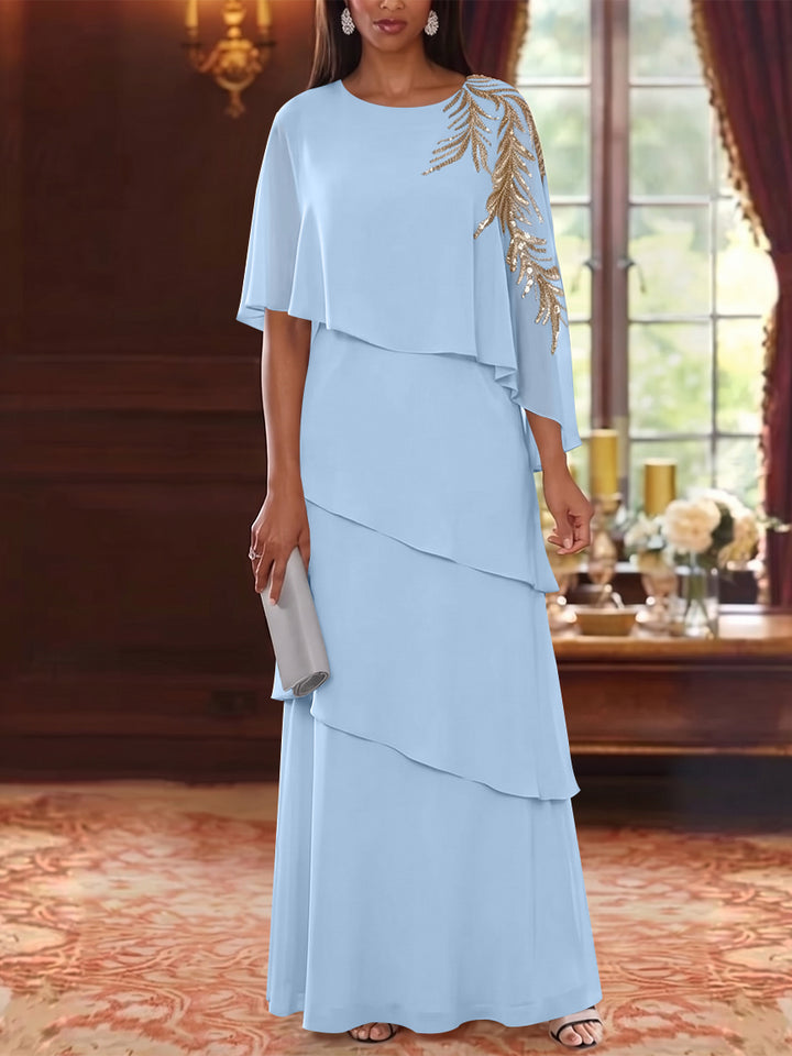 A-Line/Princess Scoop Chiffon Mother of the Bride Dresses Lace Sequins Cape Sleeves Ruffles Floor-Length
