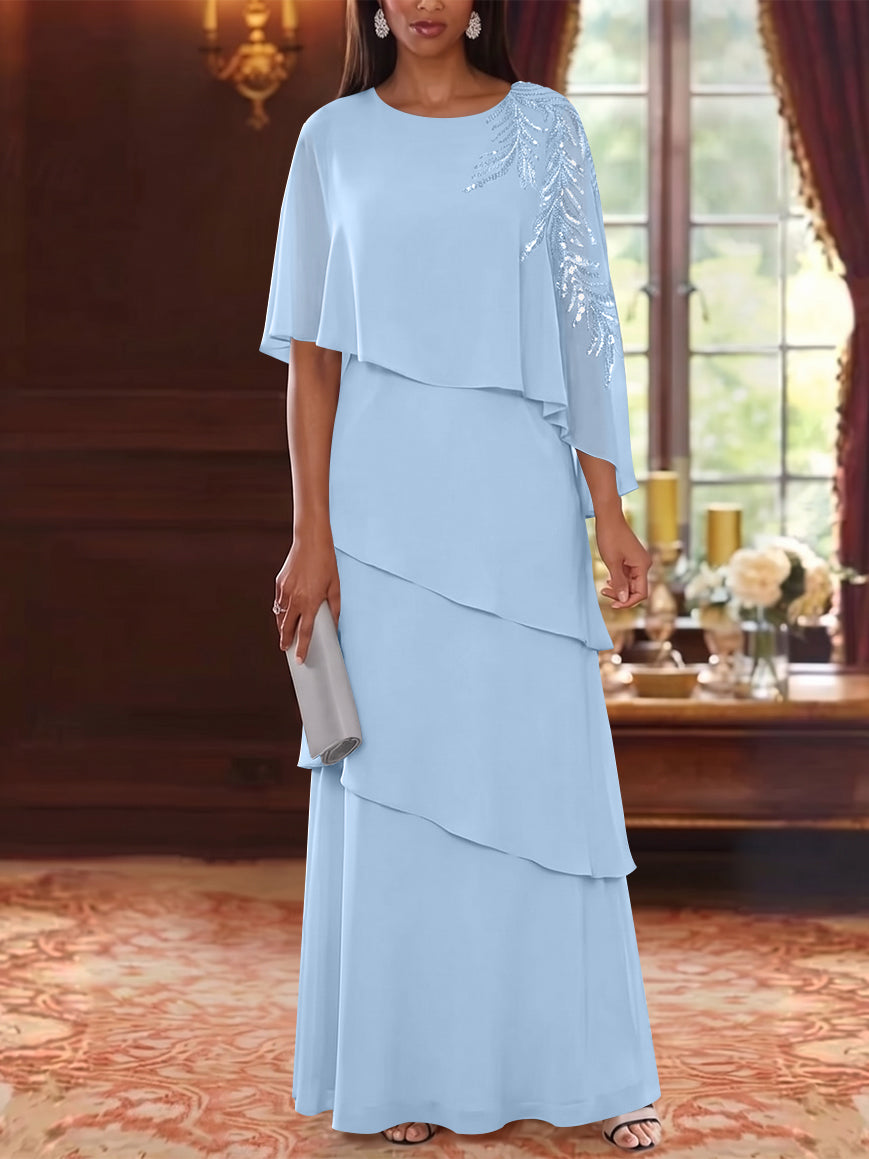 A-Line/Princess Scoop Chiffon Mother of the Bride Dresses Lace Sequins Cape Sleeves Ruffles Floor-Length