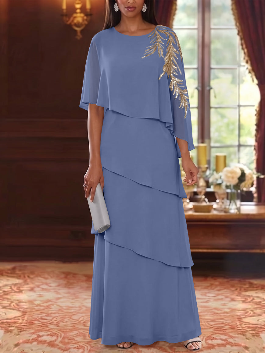 A-Line/Princess Scoop Chiffon Mother of the Bride Dresses Lace Sequins Cape Sleeves Ruffles Floor-Length