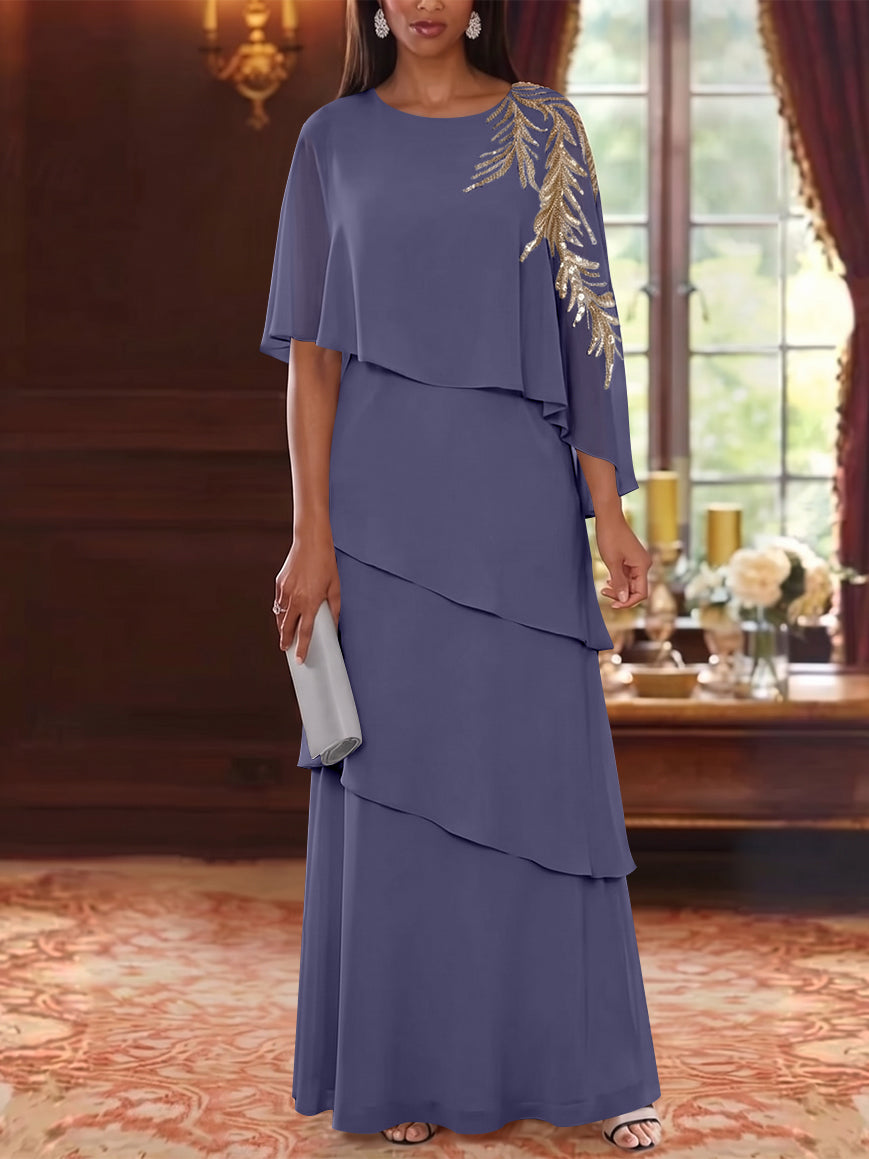 A-Line/Princess Scoop Chiffon Mother of the Bride Dresses Lace Sequins Cape Sleeves Ruffles Floor-Length