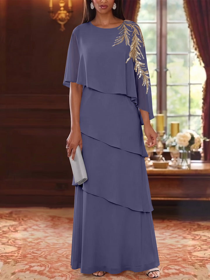 A-Line/Princess Scoop Chiffon Mother of the Bride Dresses Lace Sequins Cape Sleeves Ruffles Floor-Length