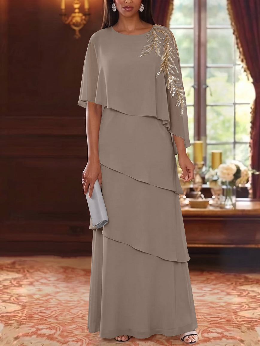 A-Line/Princess Scoop Chiffon Mother of the Bride Dresses Lace Sequins Cape Sleeves Ruffles Floor-Length