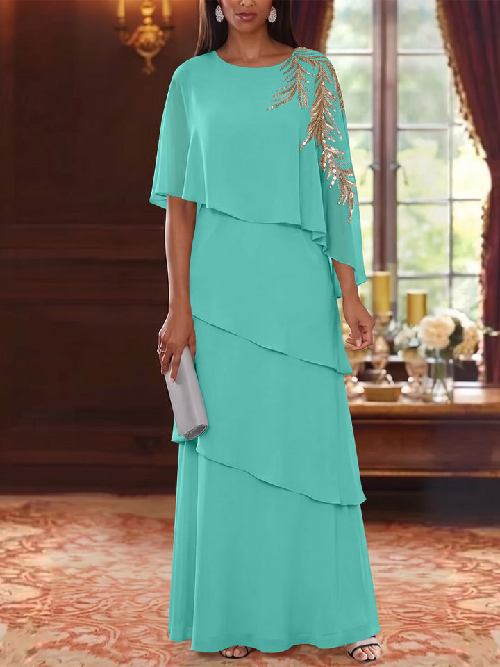 A-Line/Princess Scoop Chiffon Mother of the Bride Dresses Lace Sequins Cape Sleeves Ruffles Floor-Length