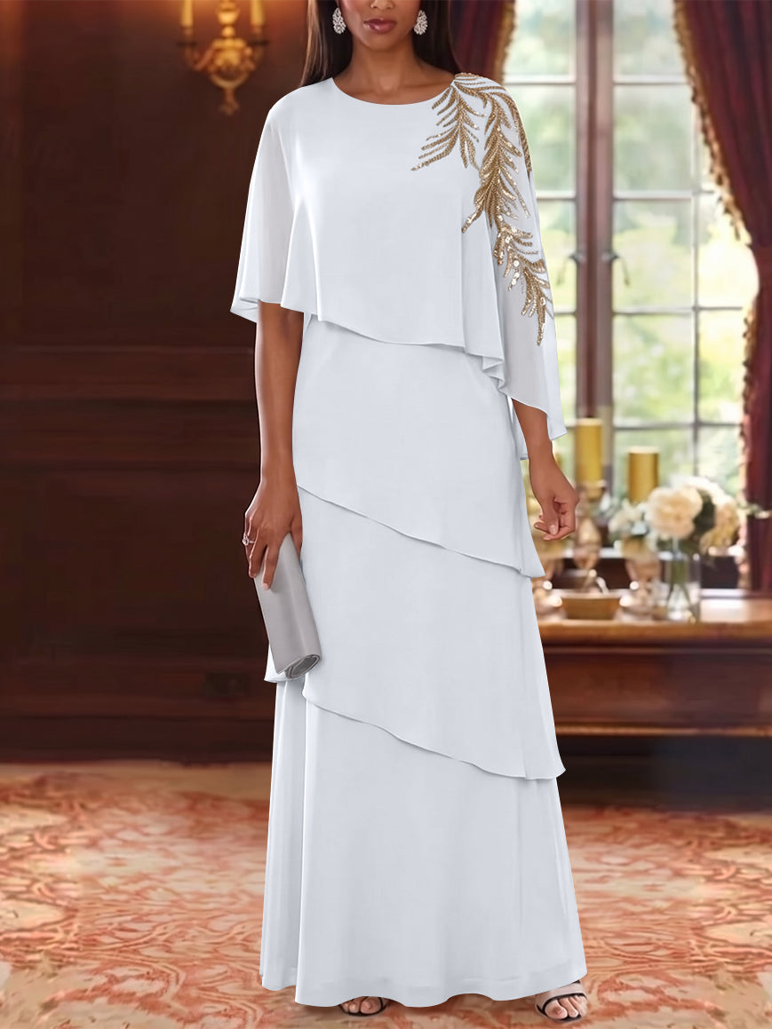 A-Line/Princess Scoop Chiffon Mother of the Bride Dresses Lace Sequins Cape Sleeves Ruffles Floor-Length