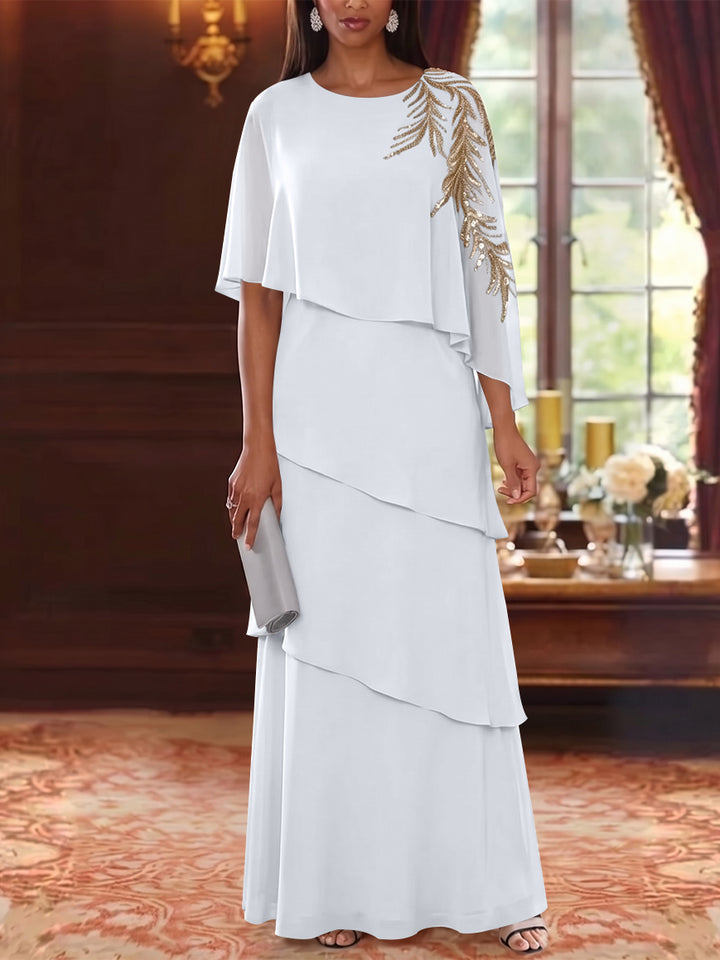 A-Line/Princess Scoop Chiffon Mother of the Bride Dresses Lace Sequins Cape Sleeves Ruffles Floor-Length