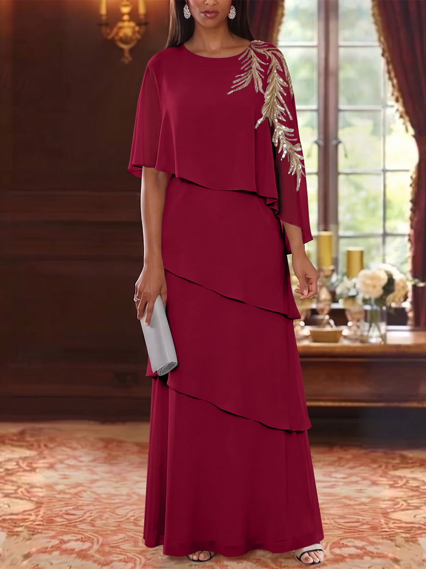 A-Line/Princess Scoop Chiffon Mother of the Bride Dresses Lace Sequins Cape Sleeves Ruffles Floor-Length