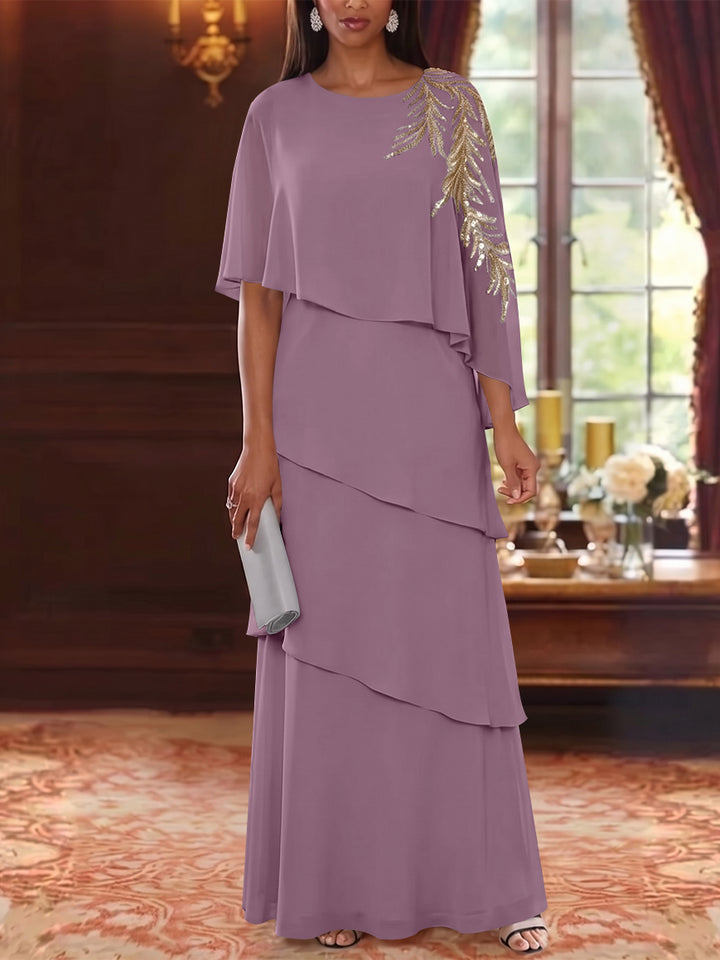 A-Line/Princess Scoop Chiffon Mother of the Bride Dresses Lace Sequins Cape Sleeves Ruffles Floor-Length
