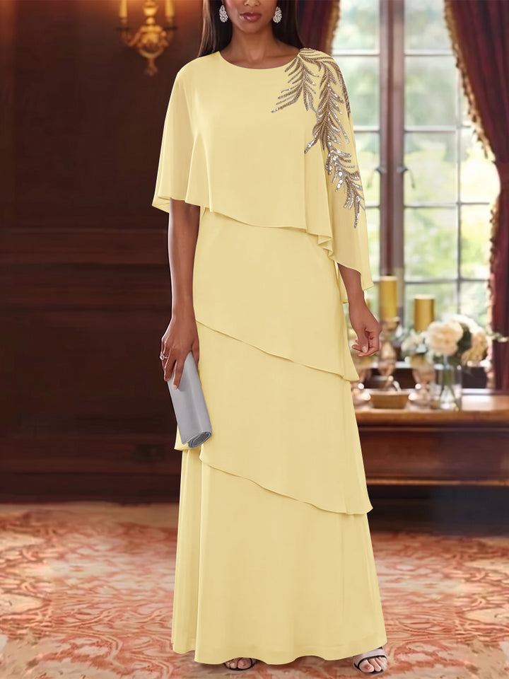 A-Line/Princess Scoop Chiffon Mother of the Bride Dresses Lace Sequins Cape Sleeves Ruffles Floor-Length
