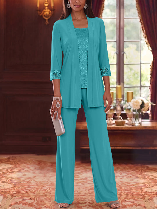 3 Pieces Scoop Chiffon Mother of the Bride Pantsuits with Jacket Lace 3/4 Sleeves Floor-Length