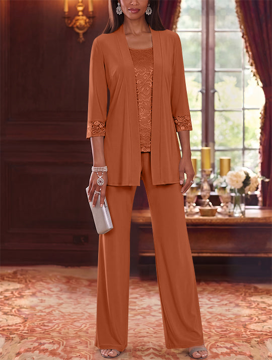 3 Pieces Scoop Chiffon Mother of the Bride Pantsuits with Jacket Lace 3/4 Sleeves Floor-Length