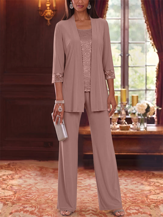 3 Pieces Scoop Chiffon Mother of the Bride Pantsuits with Jacket Lace 3/4 Sleeves Floor-Length