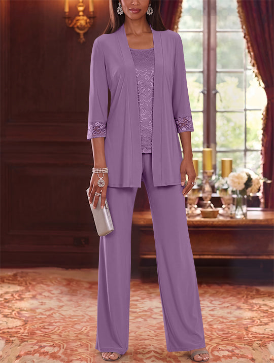 3 Pieces Scoop Chiffon Mother of the Bride Pantsuits with Jacket Lace 3/4 Sleeves Floor-Length