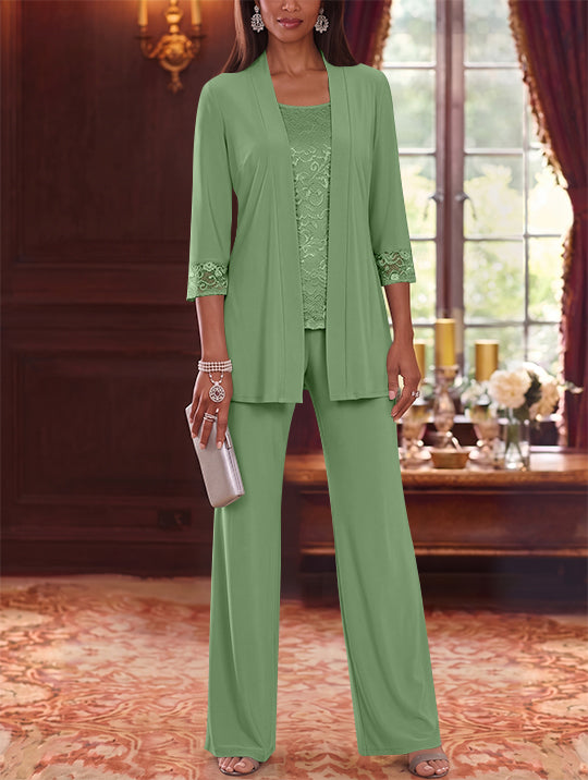 3 Pieces Scoop Chiffon Mother of the Bride Pantsuits with Jacket Lace 3/4 Sleeves Floor-Length