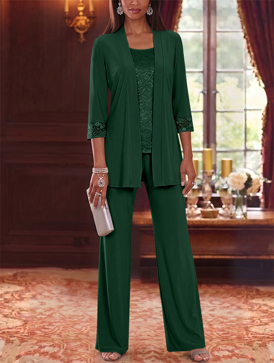 3 Pieces Scoop Chiffon Mother of the Bride Pantsuits with Jacket Lace 3/4 Sleeves Floor-Length