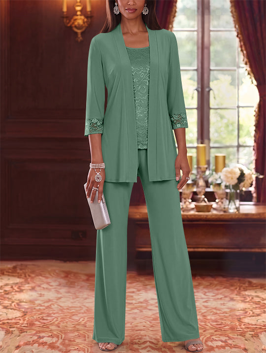 3 Pieces Scoop Chiffon Mother of the Bride Pantsuits with Jacket Lace 3/4 Sleeves Floor-Length