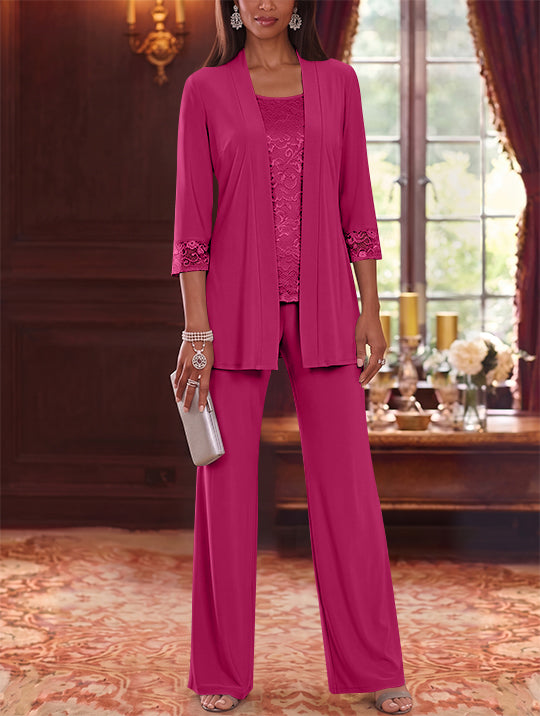 3 Pieces Scoop Chiffon Mother of the Bride Pantsuits with Jacket Lace 3/4 Sleeves Floor-Length