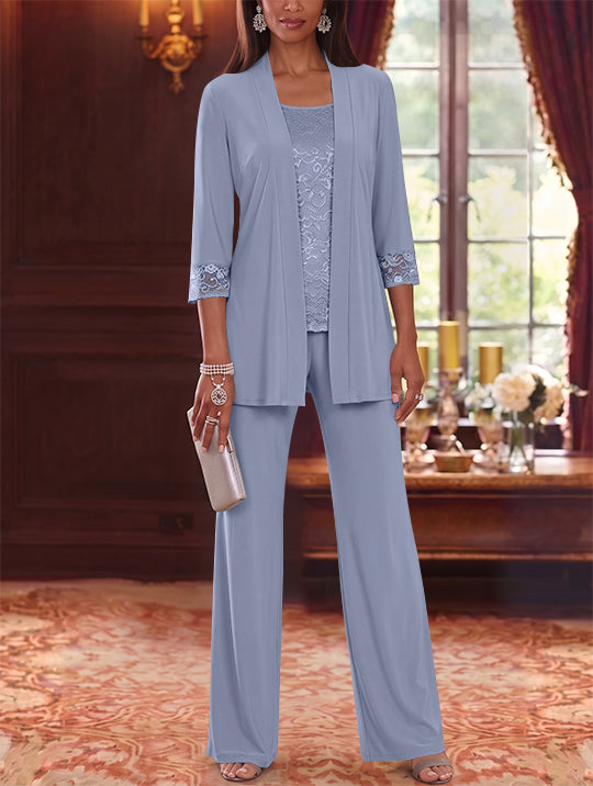 3 Pieces Scoop Chiffon Mother of the Bride Pantsuits with Jacket Lace 3/4 Sleeves Floor-Length