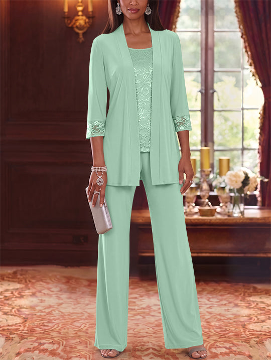 3 Pieces Scoop Chiffon Mother of the Bride Pantsuits with Jacket Lace 3/4 Sleeves Floor-Length
