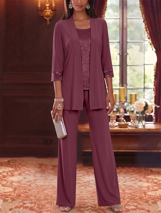 3 Pieces Scoop Chiffon Mother of the Bride Pantsuits with Jacket Lace 3/4 Sleeves Floor-Length