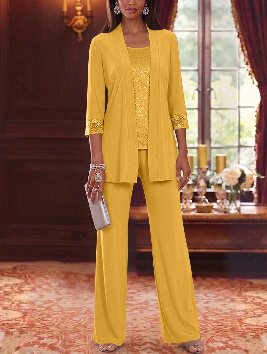 3 Pieces Scoop Chiffon Mother of the Bride Pantsuits with Jacket Lace 3/4 Sleeves Floor-Length