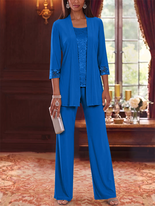 3 Pieces Scoop Chiffon Mother of the Bride Pantsuits with Jacket Lace 3/4 Sleeves Floor-Length