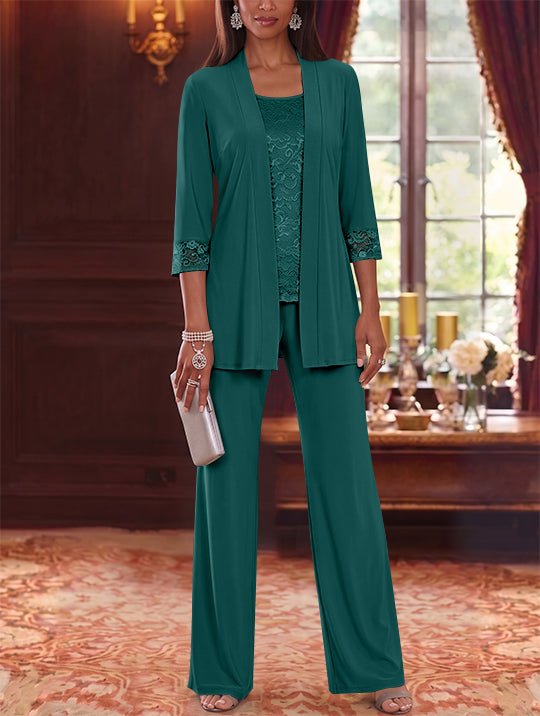 3 Pieces Scoop Chiffon Mother of the Bride Pantsuits with Jacket Lace 3/4 Sleeves Floor-Length