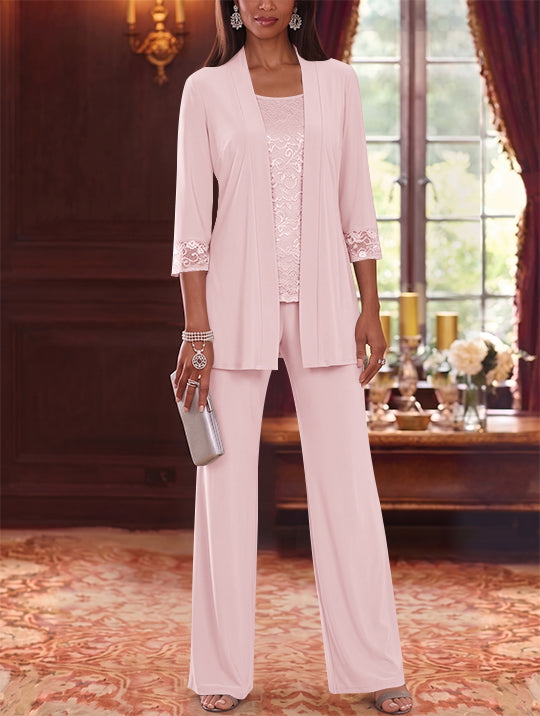 3 Pieces Scoop Chiffon Mother of the Bride Pantsuits with Jacket Lace 3/4 Sleeves Floor-Length