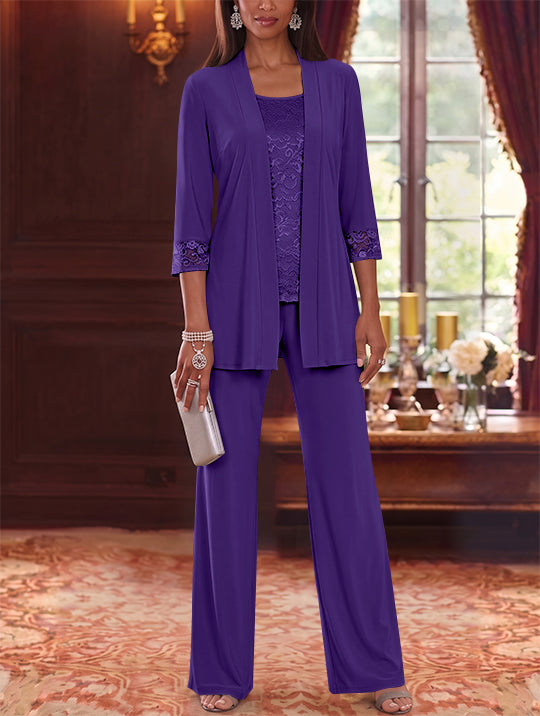 3 Pieces Scoop Chiffon Mother of the Bride Pantsuits with Jacket Lace 3/4 Sleeves Floor-Length