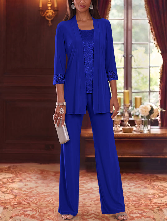 3 Pieces Scoop Chiffon Mother of the Bride Pantsuits with Jacket Lace 3/4 Sleeves Floor-Length