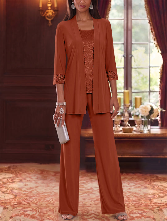 3 Pieces Scoop Chiffon Mother of the Bride Pantsuits with Jacket Lace 3/4 Sleeves Floor-Length
